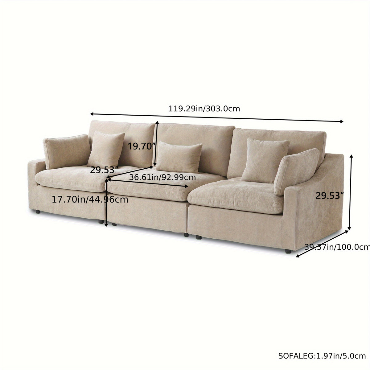Modular Sectional Sofa Cloud Couch, 119.29" Khaki Modular Couch, Linen Blend Fabric Minimalist Deep Seat Sectional Couches For Living Room, Sofa Covers Washable&Removable