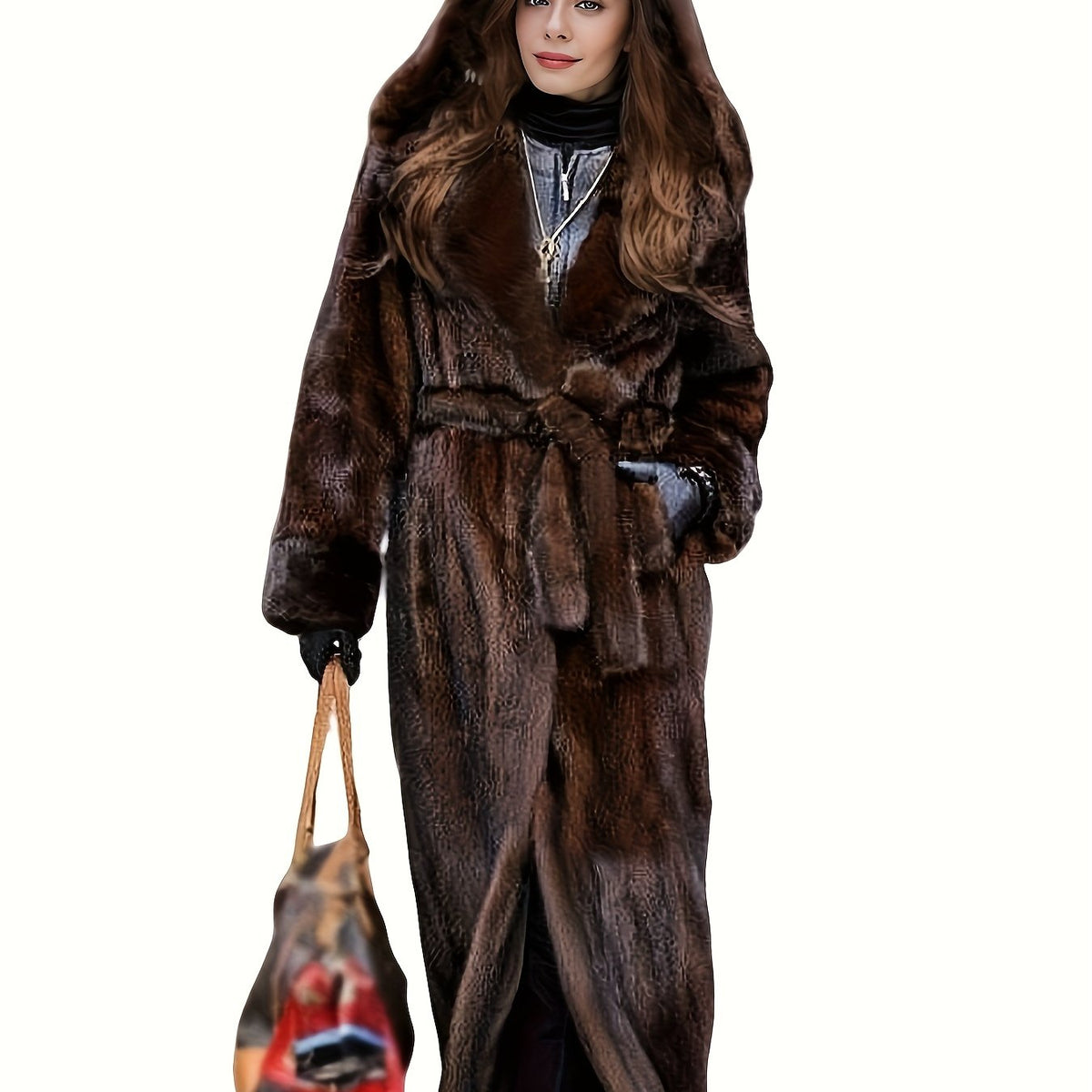 Elegant Women'S Faux Fur Coat - Fashionable & Casual Long-Sleeved Hooded Faux Mink Coat In Coffee Brown, Featuring Single Breasted Closure, Removable Belt, Regular Sleeves, Minimalist, Elegant, Stylish & Personalized, Suitabl