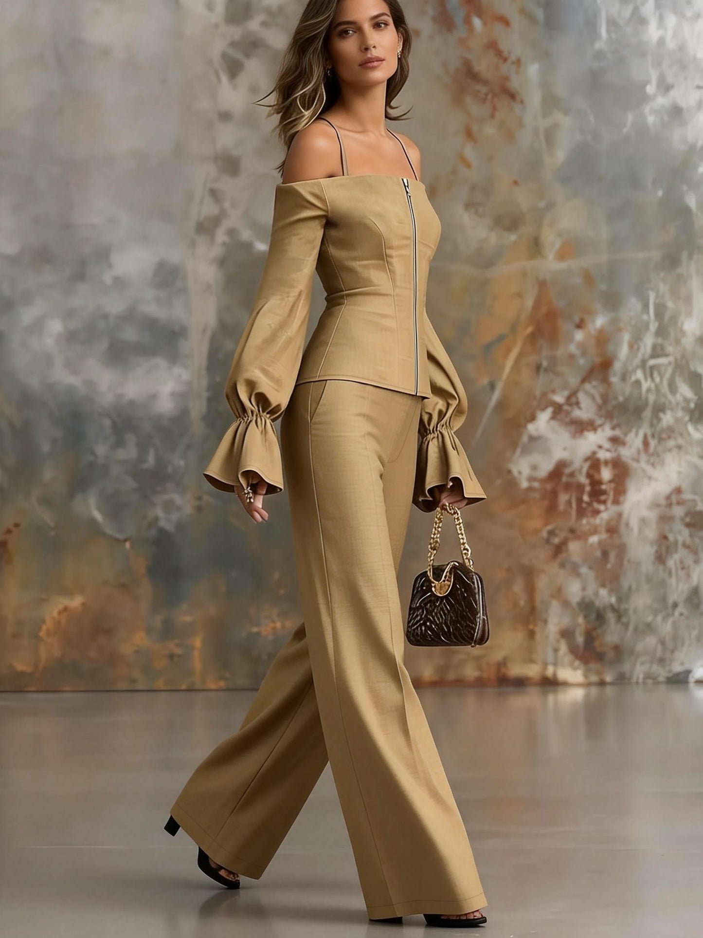 [Women's Khaki Pants Set] Urban Elegance Off-the-Shoulder Tie-Neck Lantern Sleeve Long Sleeve Zipper Front Top and Fashionable Casual Wide-Leg Long Pants Women's Khaki Pants Set