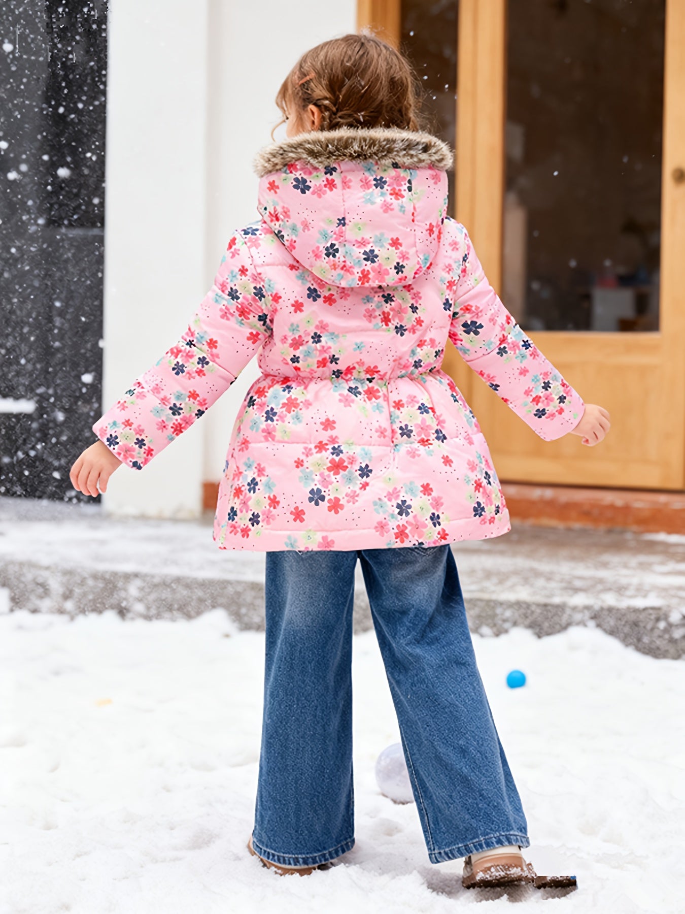 JOMAKE Girls' Pink Floral Snow Coat with Faux-Fur Hood & Full-Zipper Front - Winter Jacket, Machine-Washable X-Shape Silhouette, Waist-Cinching Fit (No Bulk), Warm Pink Flower Print Outerwear for & - Full-Length Zipper Closur