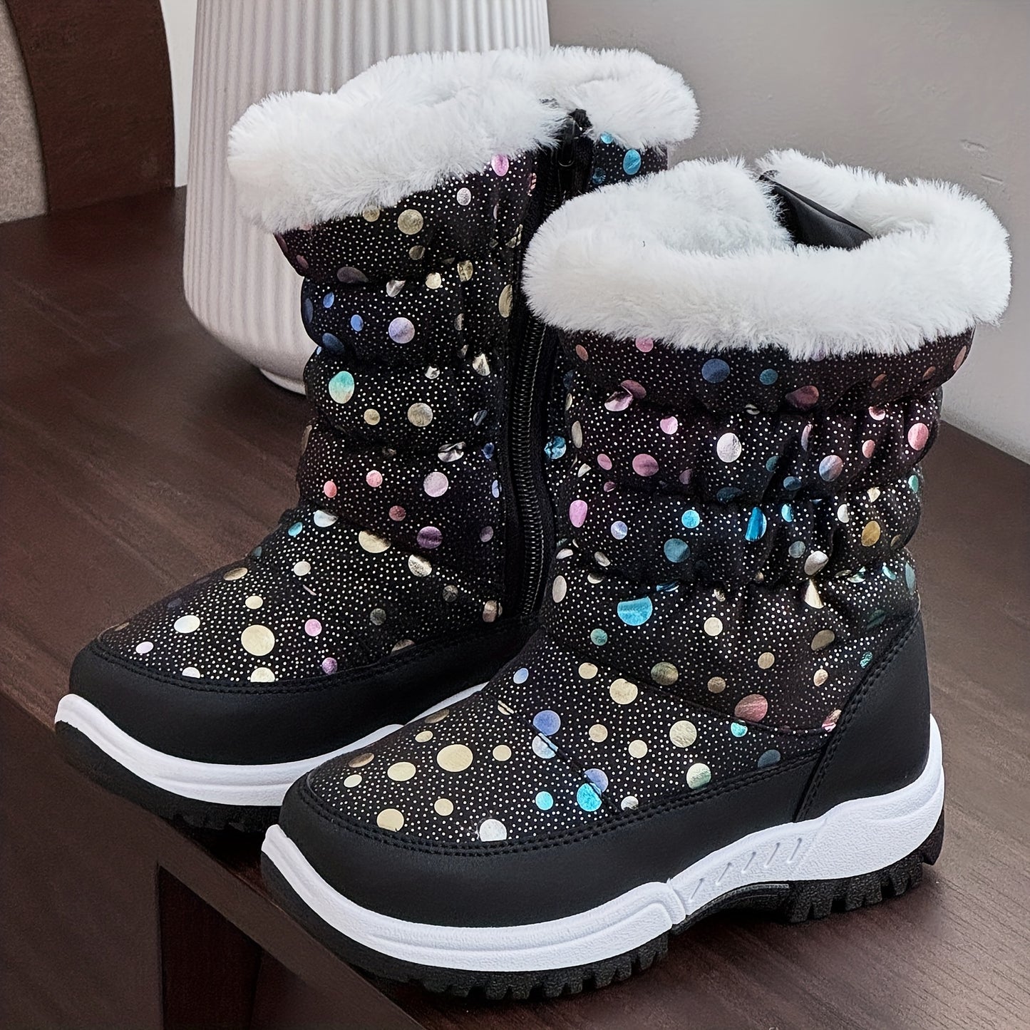 DACLAY Boys & Girls All-Season High-Top Snow Boots & Outdoor Shoes - Heavy-Duty PU Upper, Warm Winter Traction, Zipper Closure, All-Terrain Tread for & (Casual,, Snow) - Striped/Checkerboard/Random Patterns, Easy