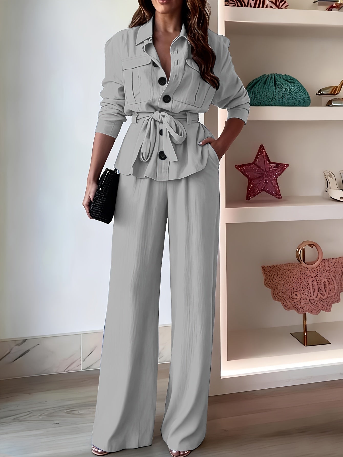 [Two-Piece Set] Casual Two-Piece Set Featuring a Collared Long-Sleeve Shirt with Buttons And Wide-Leg Solid Color Pants