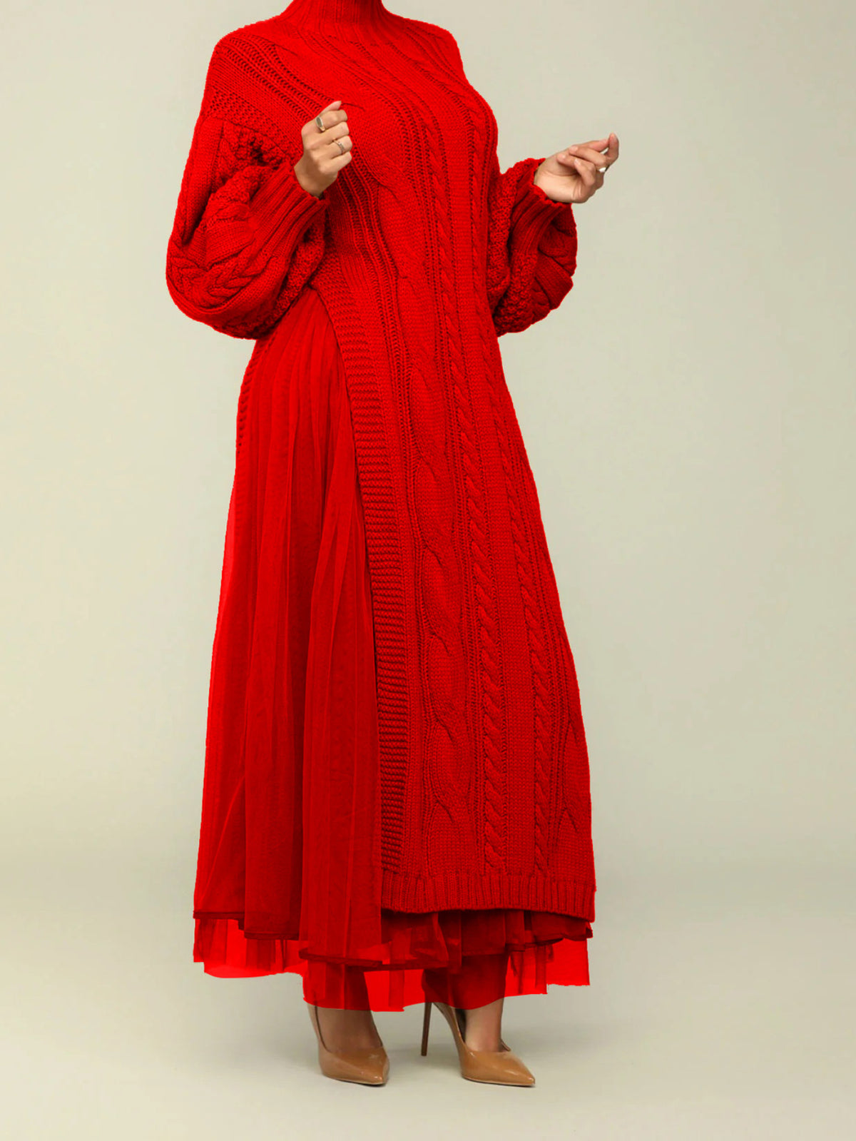 1pc Women's Red Twisted Maxi Dress - Long Sleeve A-Line Winter Party Dress with Tulle-like Gauze, Hand Washable Vintage Elegant Gown for Weddings, Proms & Cold Weather (No)