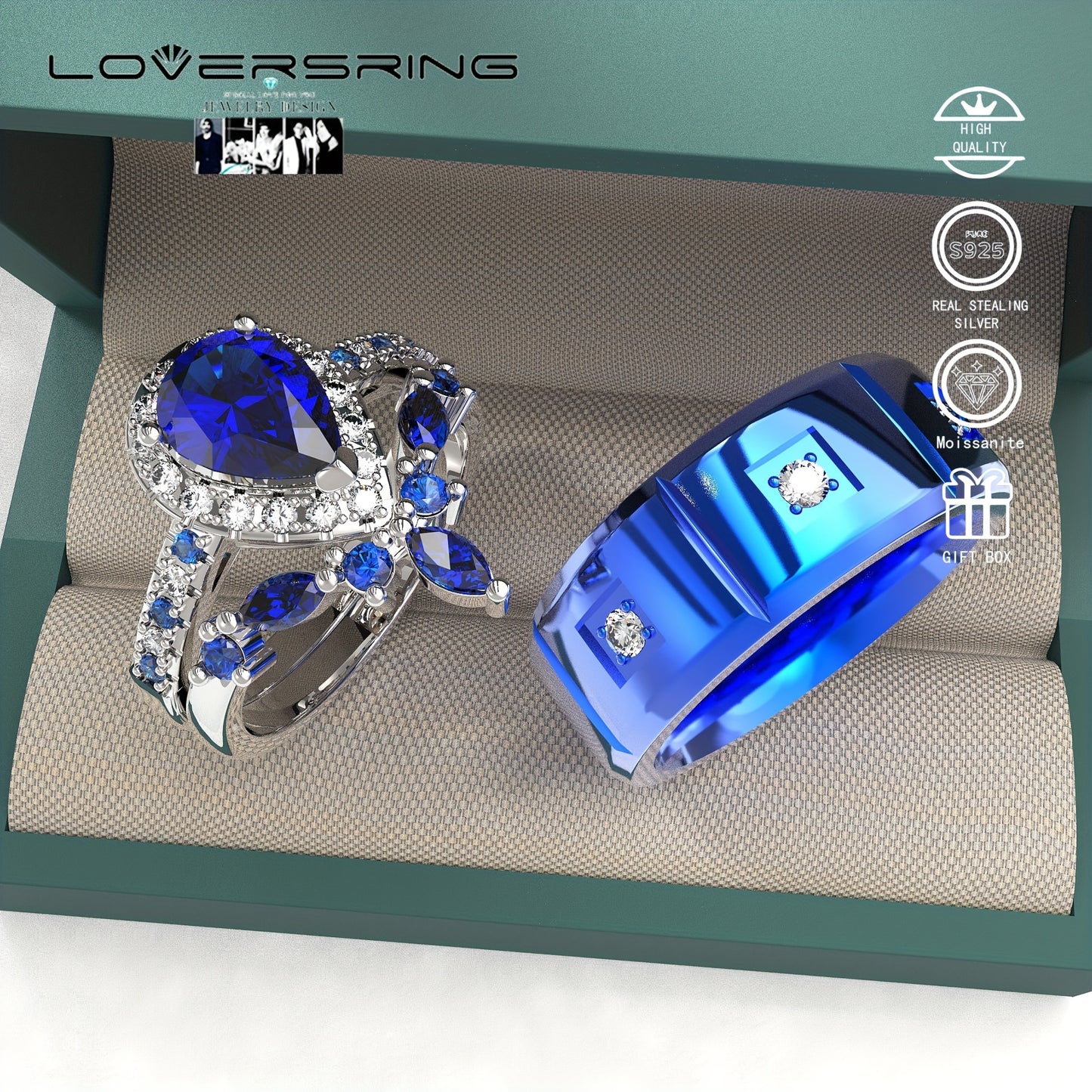 Bridal Sets Wedding Ring Sets His And Hers Promise Ring Couples Bridal Sets Women S925 Sterling Silvery Blue Moissanite Man Titanium Wedding Bands With Couple Ring Box