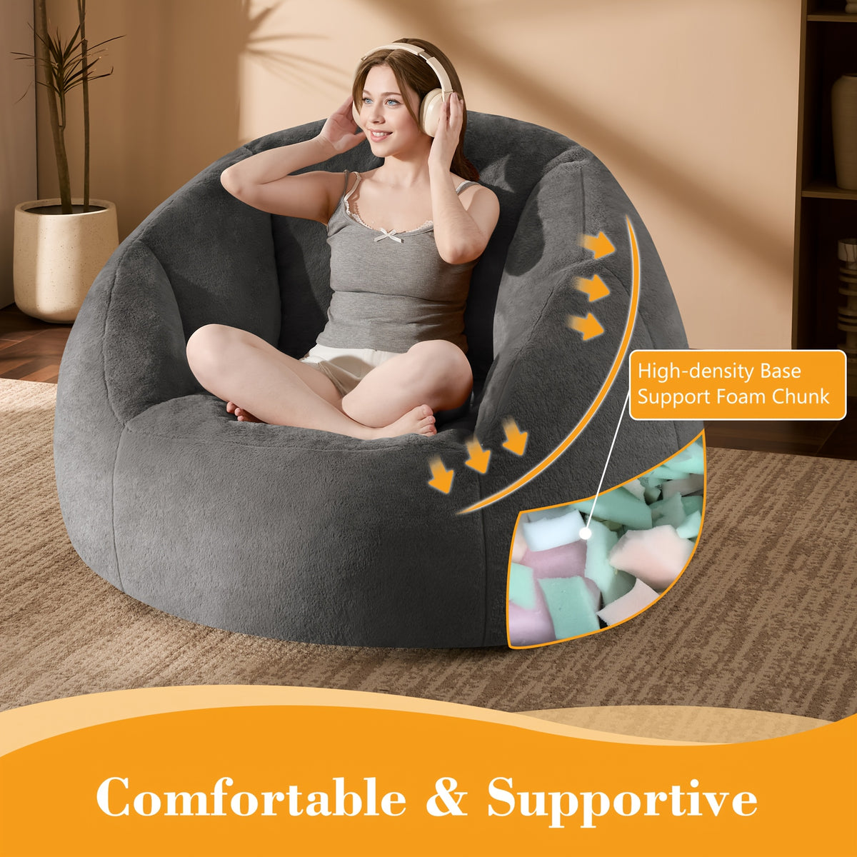 LIVING&GIVING Giant Bean Bag Chair for Adults - Oversized Plush Boneless Beanbag Couch with Memory Foam Filling, Floor Sofa Chair Suitable for Bedroom, Living Room & Game Room - - Lounge Chair, No Assembly Required