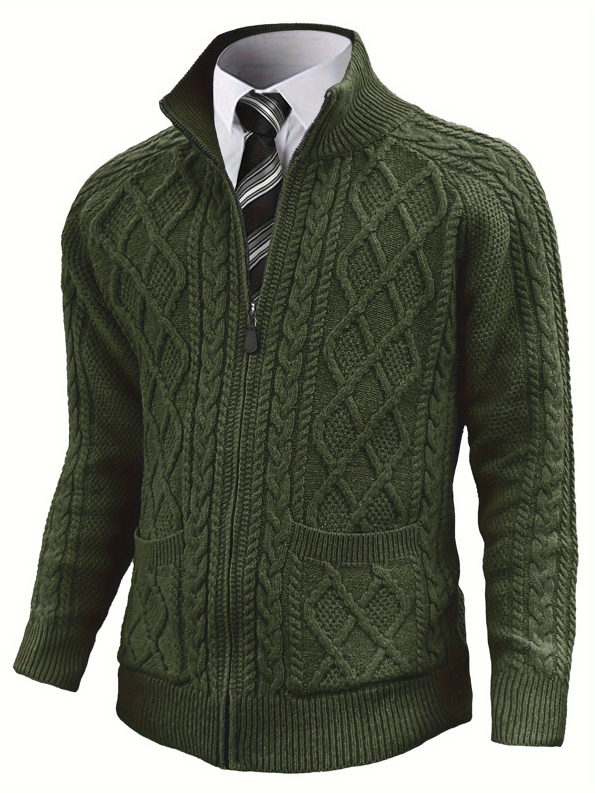 Men'S Cardigan, Solid Color Cable Knit Full Zip Sweater, Perfect for Daily Casual Wear, Warm for Autumn And Winter, a Great Gift for Friends