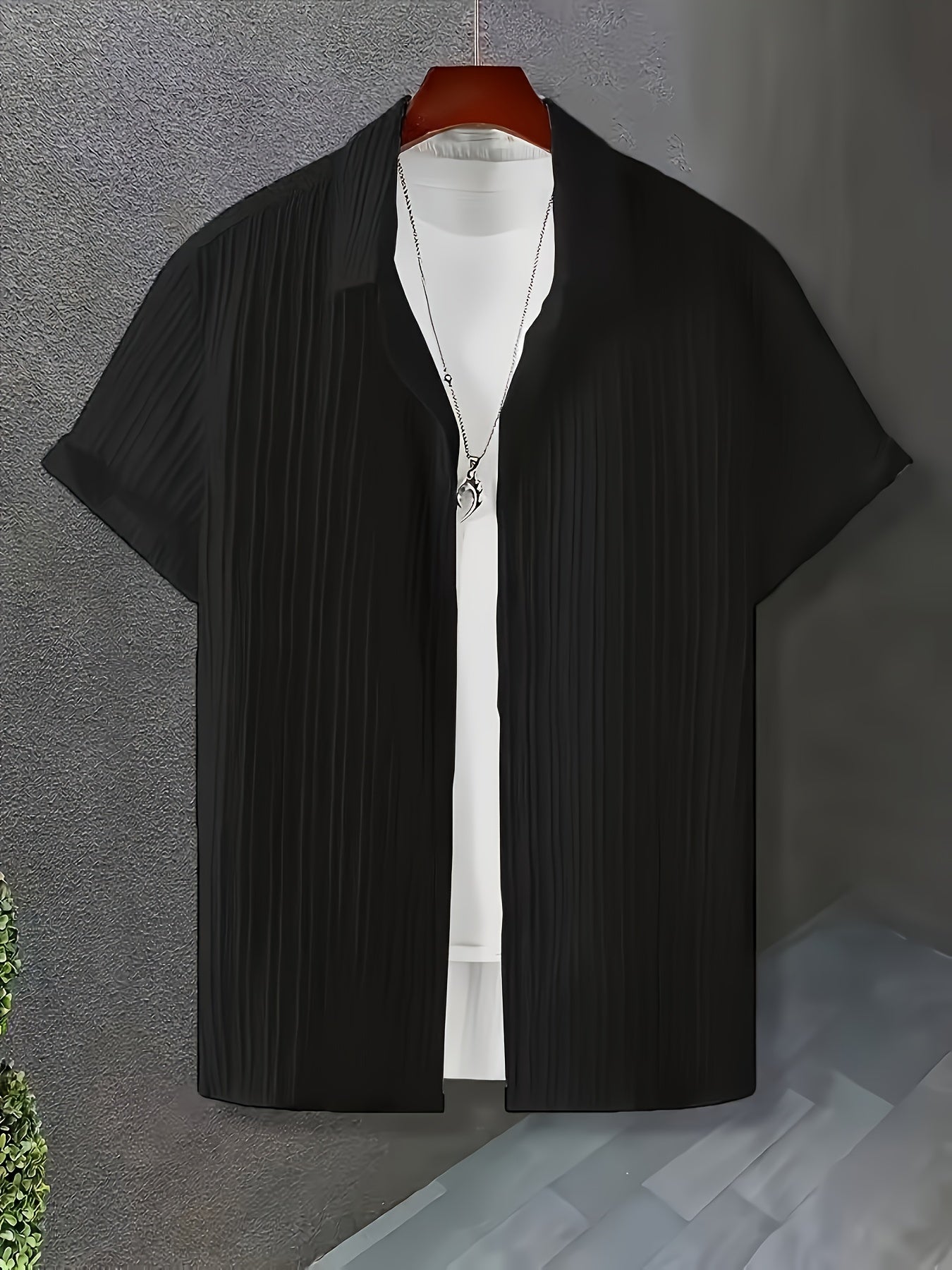 [5pcs Men's casual set] 5pcs Men's casual set | slightly elastic, solid color button up shirt