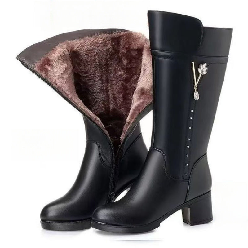 Women'S Winter Warm Mid-Calf Boots with Plush & Floral Pendant - Chunky Heel Round Toe PU Cover Upper, Zipper Closure, Cushioned EVA Insole & Non-Slip Rubber Sole - Elegant Cold-Weather Boots for Casual & Formal Outfits () -