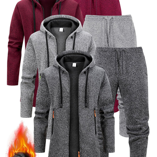 Three Interchangeable Korean-Style Casual Outfits for Men • Trendy Colors That Exude Sophistication • Comfortable And Warm Set Includes a Hooded Fleece Jacket • Drawstring Pants That Have Pockets