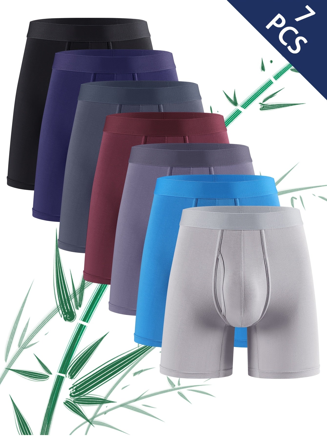 Men's 7pcs Long-Length Open-Leg Bamboo Fiber Underwear, Four Seasons Moisture-Wicking, Soft and Comfortable, Men's Briefs