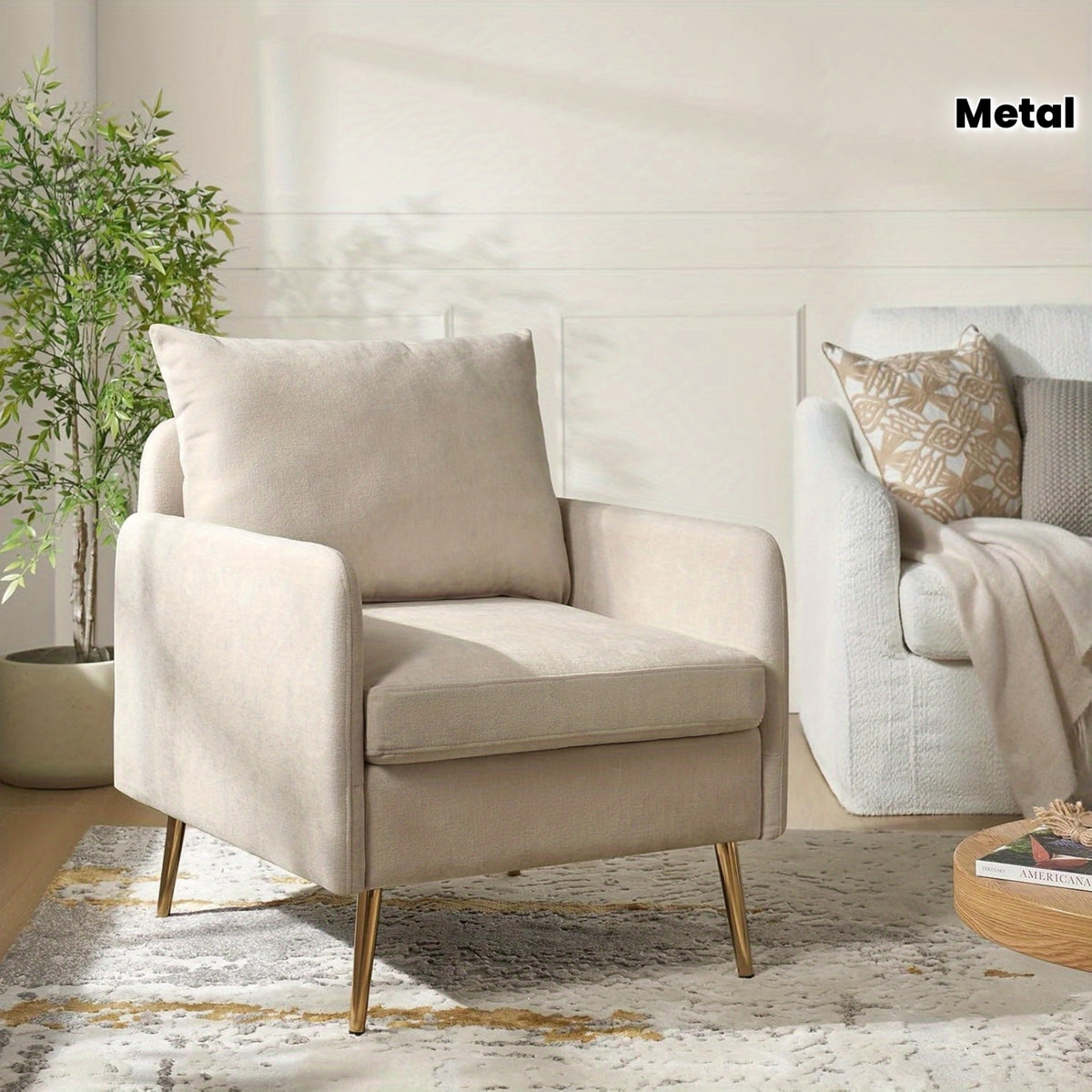 Modern Accent Chair With Golden Metal Legs, Stadium Seats For Sports Fields, Sport Event, Removable Cushion Upholstered Reading Chair
