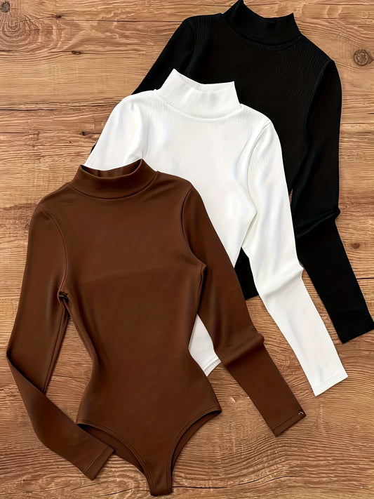 3pcs Women's High Neck Bodysuit - Shaping Underwear & Outerwear, Semi-Sheer Layering Piece, Machine Washable Winter Base Layer, Solid Color Elastic Suit (3pcs for layering or standalone) - Autumn/Winter new collection ZLLZ