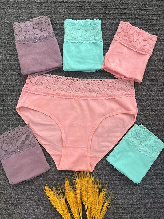 12-Pack Elegant Lace Trim Cotton Briefs, Plus Size Mid-Rise Comfort Soft Panties, Assorted Colors, Festive Good Luck New Year's Women's Underwear (6 Random Colors)