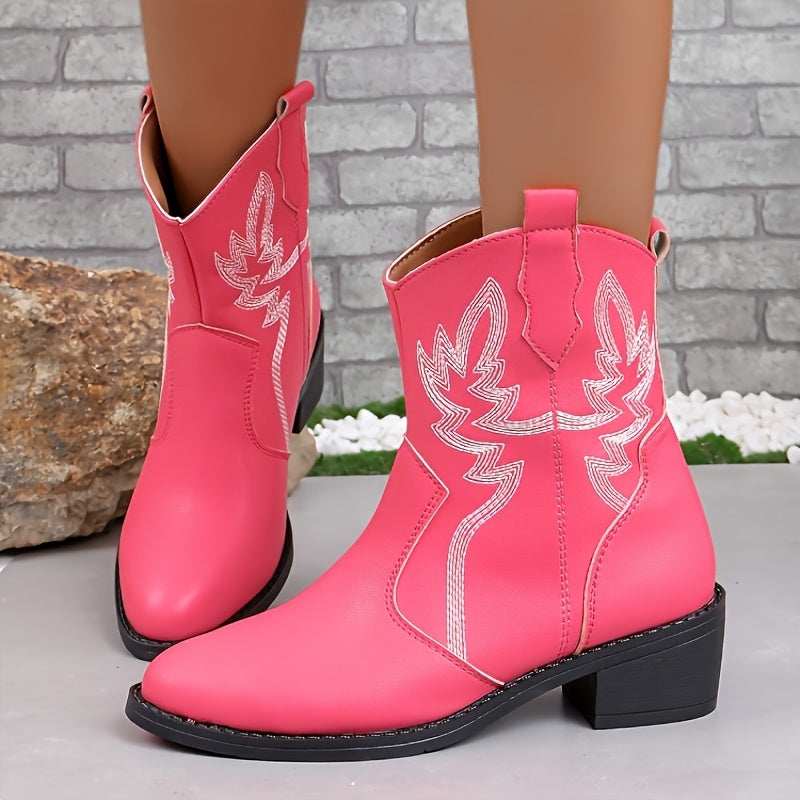 Women's Bright Pink Faux Chelsea Boots with White Horsebit Tendon Strap & Horseshoe Buckle - Slip-On Chunky Block Heel, Pointed Toe Short Boots, Machine Washable Round-Toe Design for Casual & Western Style (Pink)