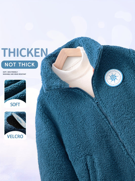 1pc Boys' Thickened Fleece Jacket - Winter Warmth Coat with Full-Zip Closure, Stand Collar & Zippered Pockets, Soft Warm Outerwear for School, Hiking, Durable Kids Wear, Playful Design, Casual Outfits (Hand Washable), Winter