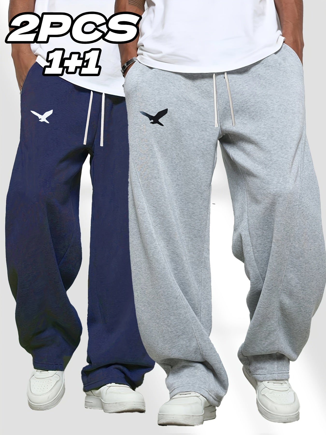 [Eagle Print | Sports Pants] 2pcs Men's Eagle Print Sports Pants | Casual, Adjustable Drawstring, Straight Leg, Trendy Gift for Father or Husband