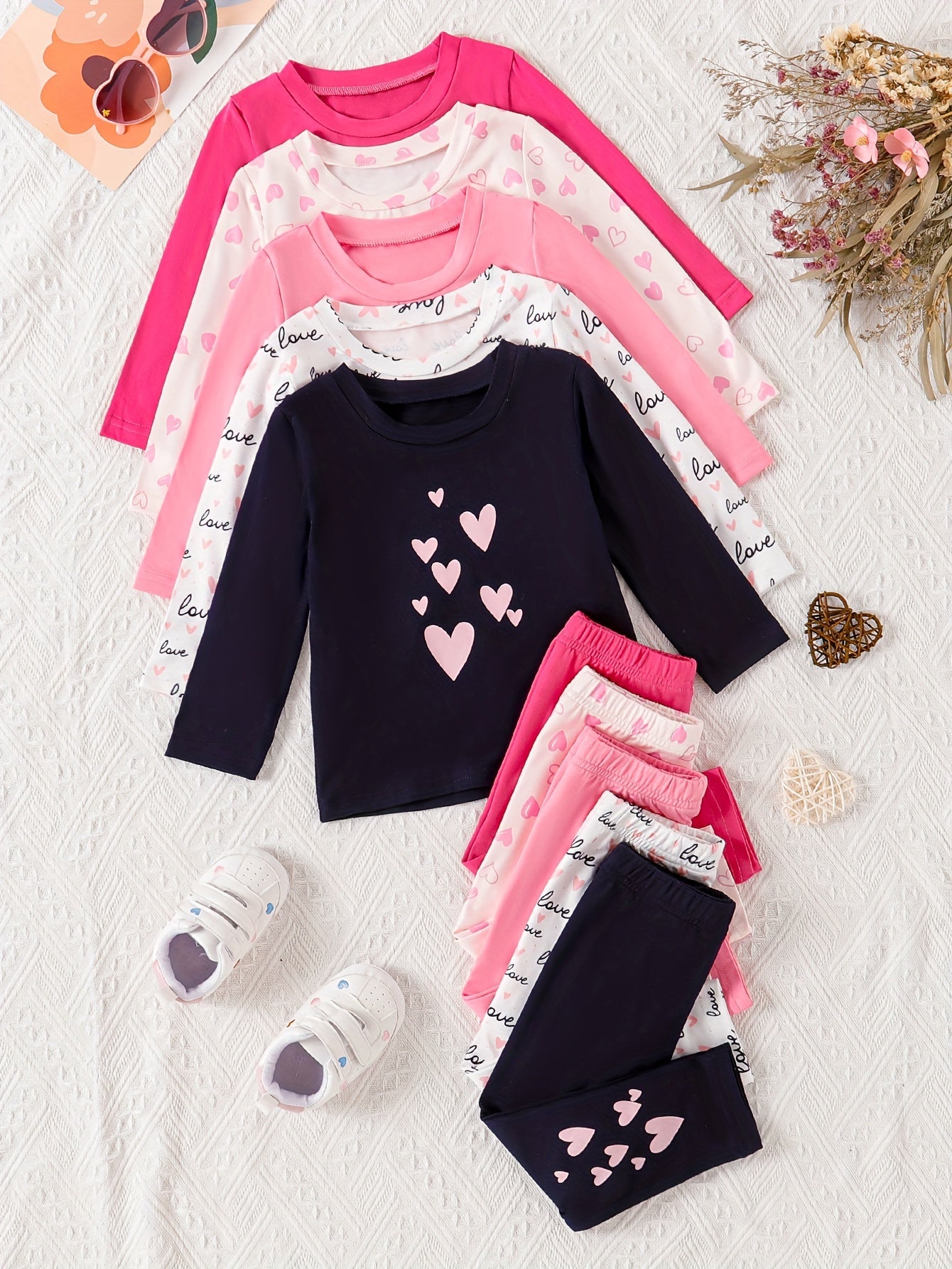 10pcs Baby Girls' Casual Long Sleeve & Pants Set - Cute & Heart Print, Soft Stretchy Fabric, Loose Fit, Spring/Fall Outdoor Playwear, Perfect for Daily Wear, for Outdoor