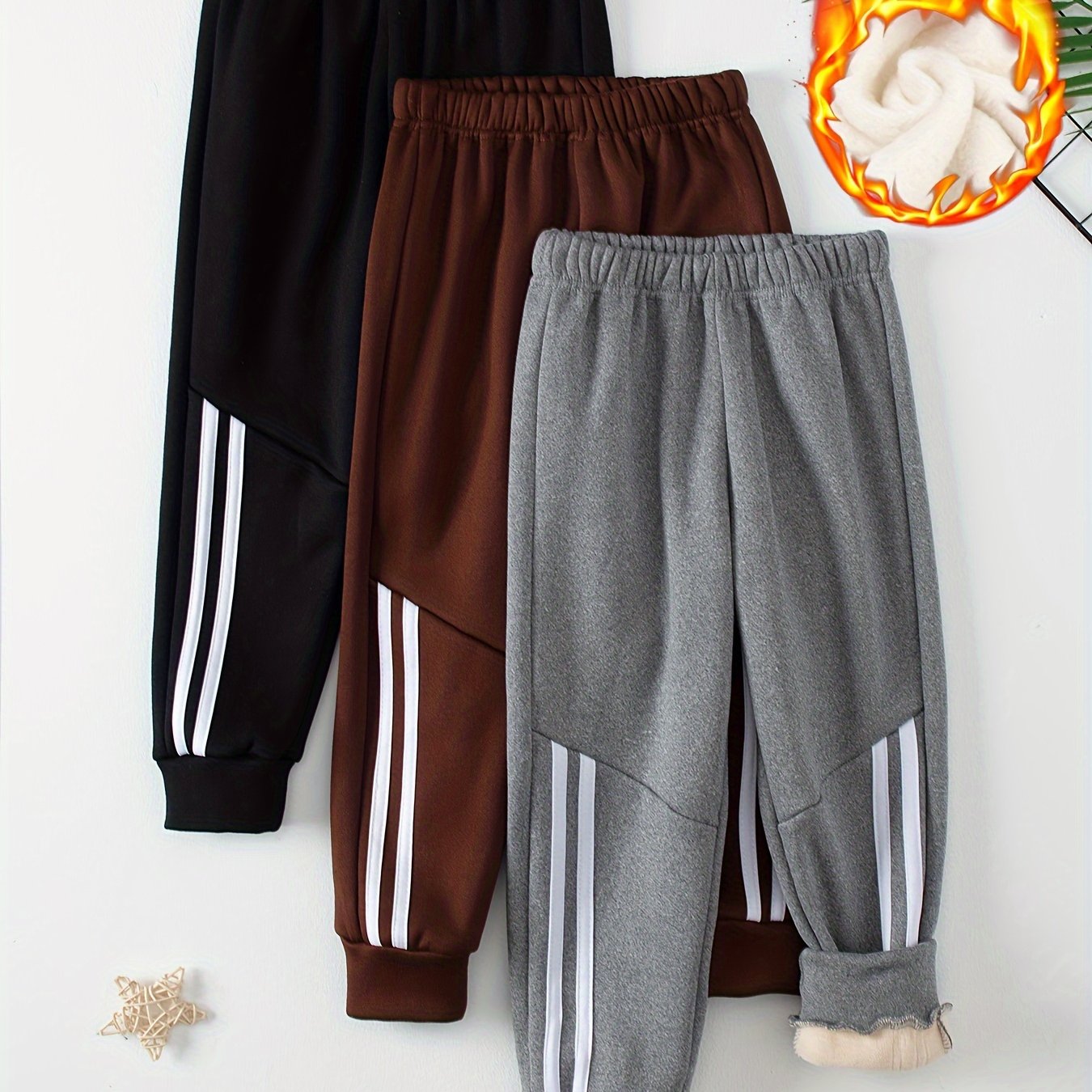 [Fleece-Lined Boys' Joggers] 3-Pack Boys' Fleece-Lined Joggers | Fashionable Loose-Fit Drawstring Pants with Side Stripes, Solid Color Patchwork, Black + Gray + Khaki Combo, Elastic Waistband for Outdoor, Casual & Warm Winter