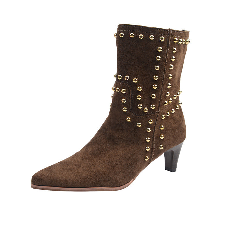 Autumn New Rivet Pointed Toe Mid-Heel Fashion Boots | Suede Slip-On European and American Mid-Calf Boots with Kitten Heel and Genuine Faux Leather Details