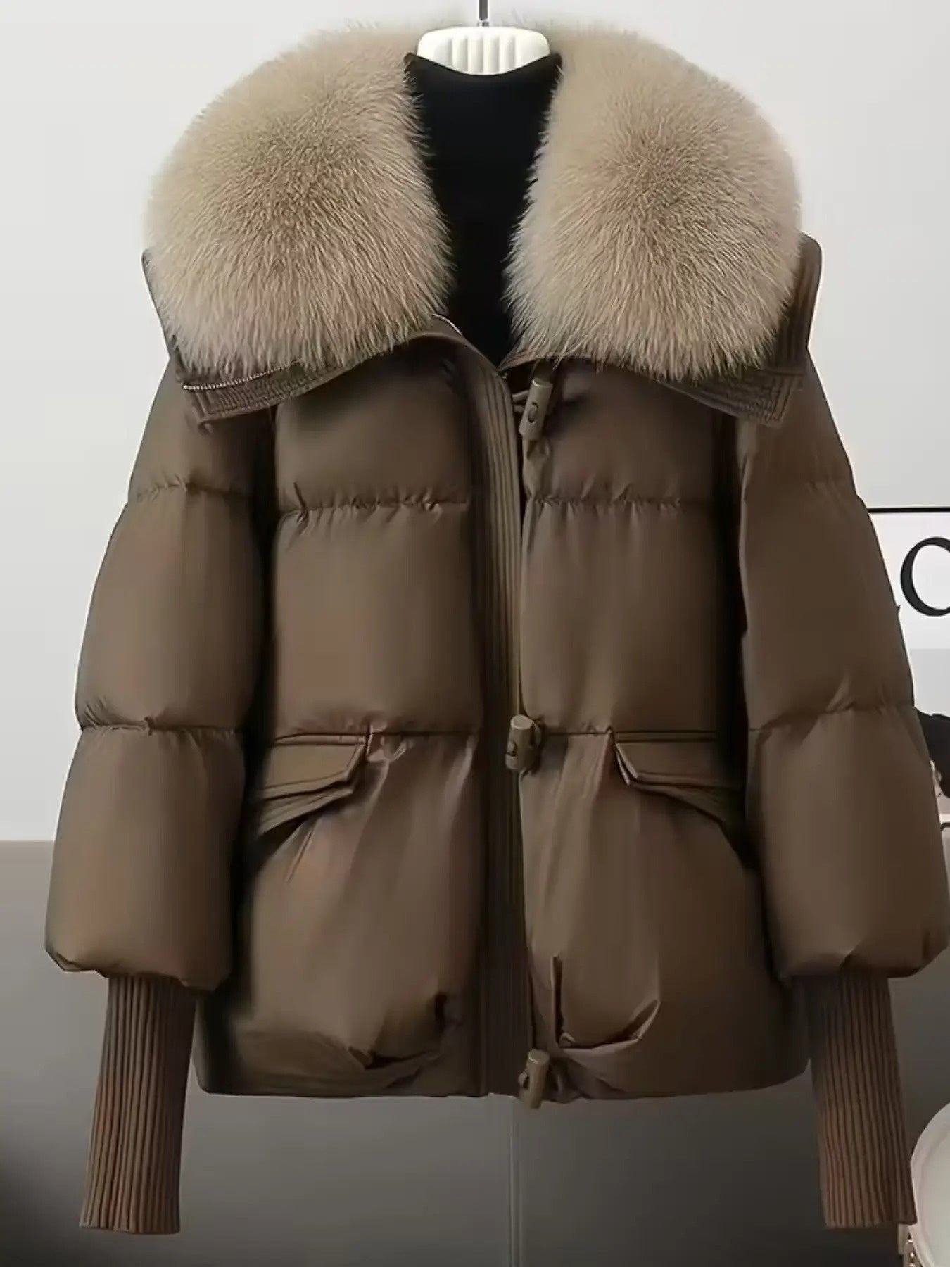 Women's Elegant Faux Fur Hooded Jacket with Thickened Fleece Lining - Windproof Winter Coat, Full-Zip Insulated Outerwear, Slim-Fit Warm Jacket with Pockets for Casual & Formal (White/Light Grey) - Cozy Fall & Winter Jacket