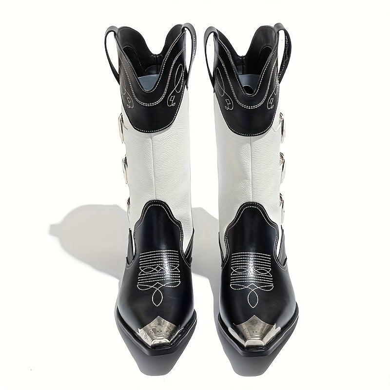 Men'S Western Cowboy Boots with Metallic Accents & Iron Toe - Slip-On Pointed Toe, Black & White Faux Cover, Rubber Sole for Weddings, Parties, Casual Streetwear - All-Season Versatile Outdoor Boots, Cowboy Boots, Wedding Foo