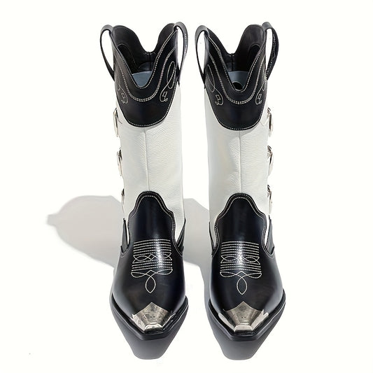 Men'S Western Cowboy Boots with Metallic Accents & Iron Toe - Slip-On Pointed Toe, Black & White Faux Cover, Rubber Sole for Weddings, Parties, Casual Streetwear - All-Season Versatile Outdoor Boots, Cowboy Boots, Wedding Foo