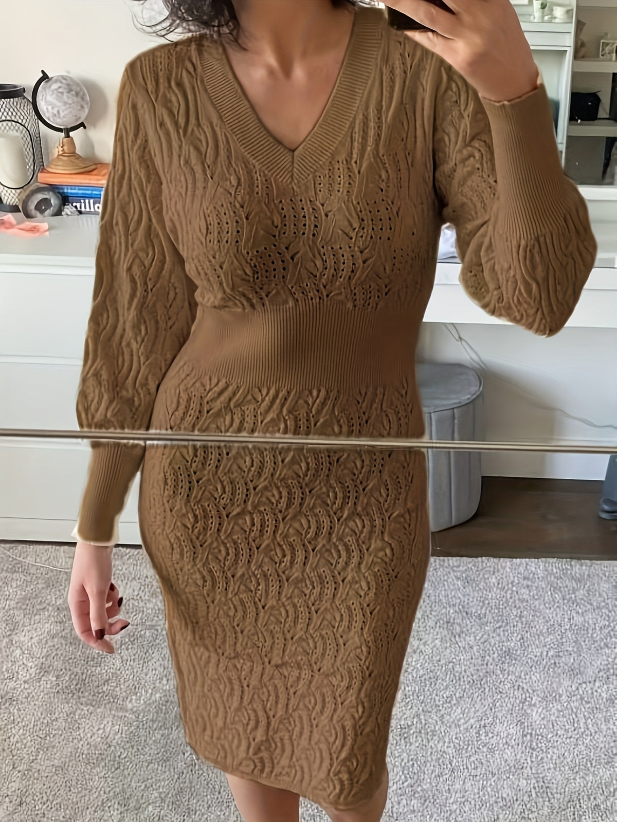 Women'S Elegant V-Neck Dress with Cut-Out Detail - Long Sleeve, Mid-Length, Solid Brown, Perfect for Fall & Winter, Stylish for Shopping or Festive Occasions, Festive Attire | Vneck Dress | Construction, Cute Dresses
