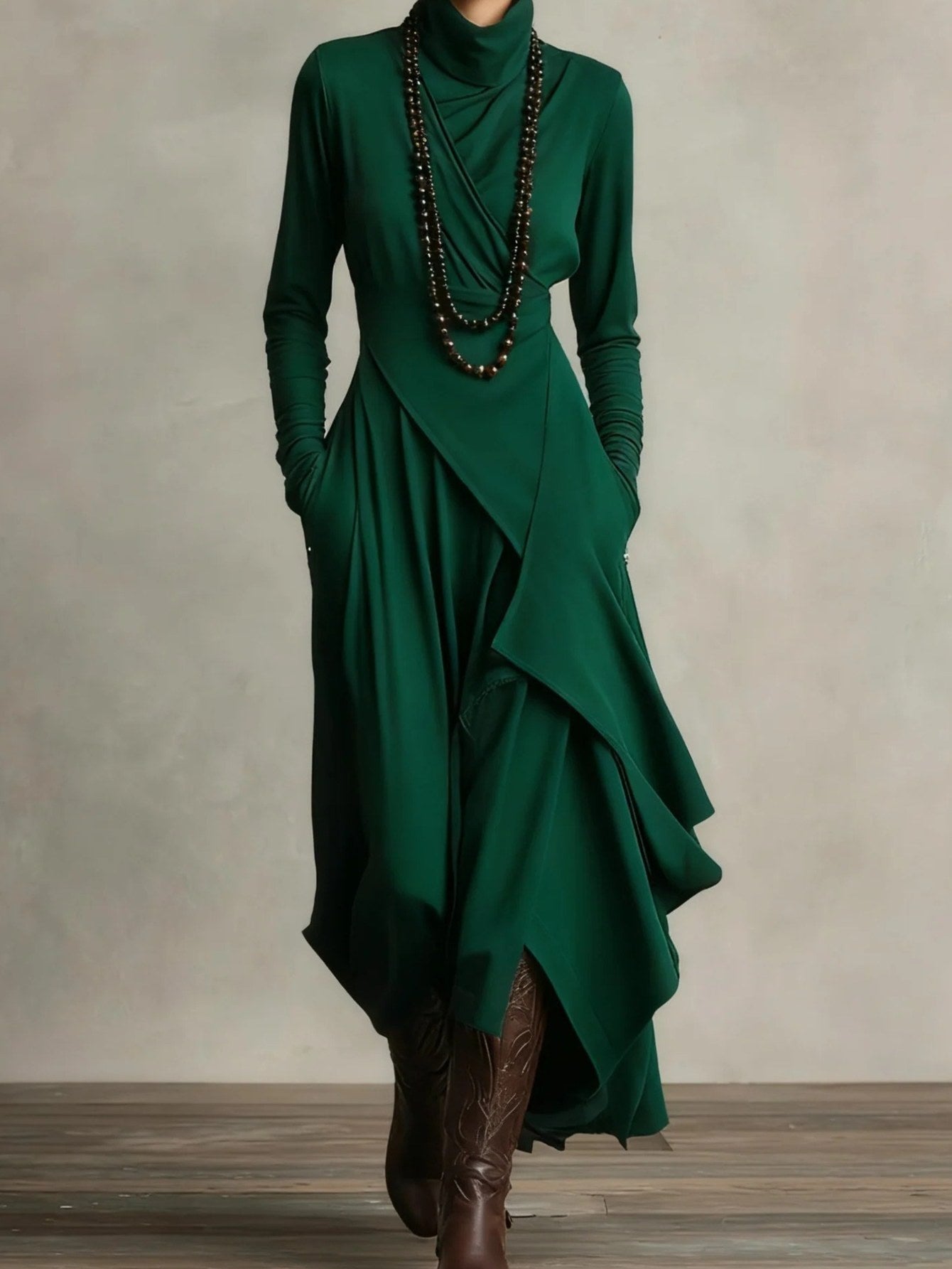 Plus Size - HERTALK Women'S Solid Color Long-Sleeved Cross High-Neck Dress Long Dress