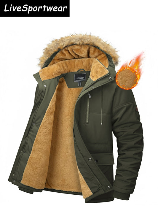 Men's Winter Outdoor Jacket, Polyester Soft Heavyweight, Windproof and Warm Fleece-Lined Interior, Multi-Functional Pocket Design Ribbed Cuffs Adjustable Drawstring Hood, Outdoor Hiking Fishing Jogging, Daily Work and Casual