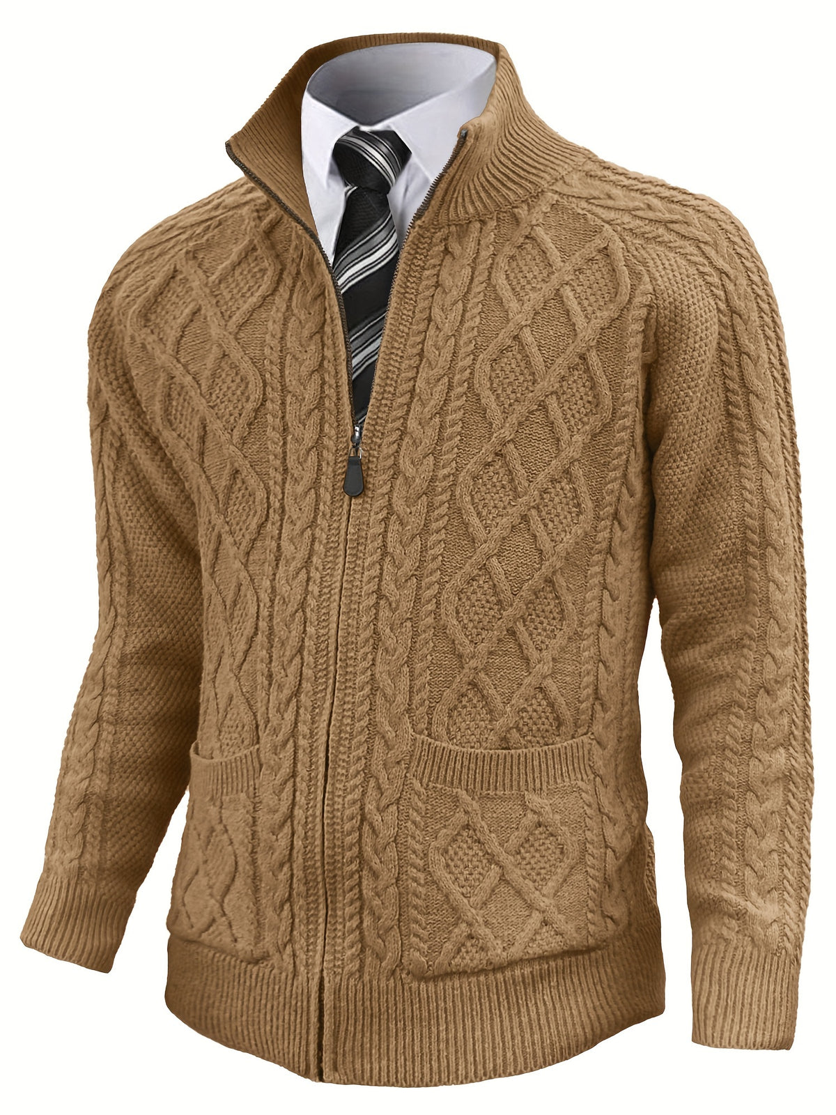 Men'S Cardigan, Solid Color Cable Knit Full Zip Sweater, Perfect for Daily Casual Wear, Warm for Autumn And Winter, a Great Gift for Friends