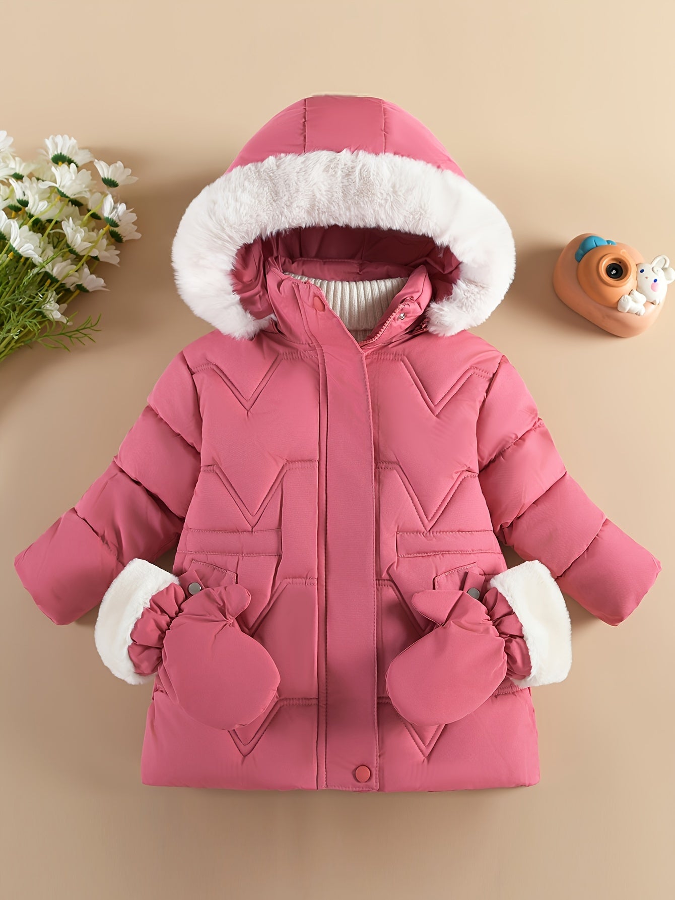 Girls' Pink Winter Snowsuit with Hooded Collar & Gloves - Cozy Mid-Length Jacket, Long Sleeve, Zip-Up, Lining, Flared Hem, Regular Fit, Fall/Winter Outerwear
