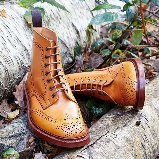 Men's Slip-Resistant Lace-Up Mid-Calf Short Boots with Thick Heel & Hollow Breathable Design - Upper & Rubber Sole, Round Toe Casual to Formal Shoes for Weddings, Business, Parties - All-Season Comfortable Durable Boots