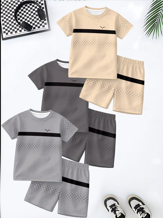 [Boys' Shorts Set] 6pcs Boys' Short-sleeve Shorts Set - Casual Fashionable Style, Fun Patterns, Summer Outdoor Sports Wear, Soft Breathable Comfortable Round-neck T-shirt + Shorts Set, Perfect for Children Outdoor Outings