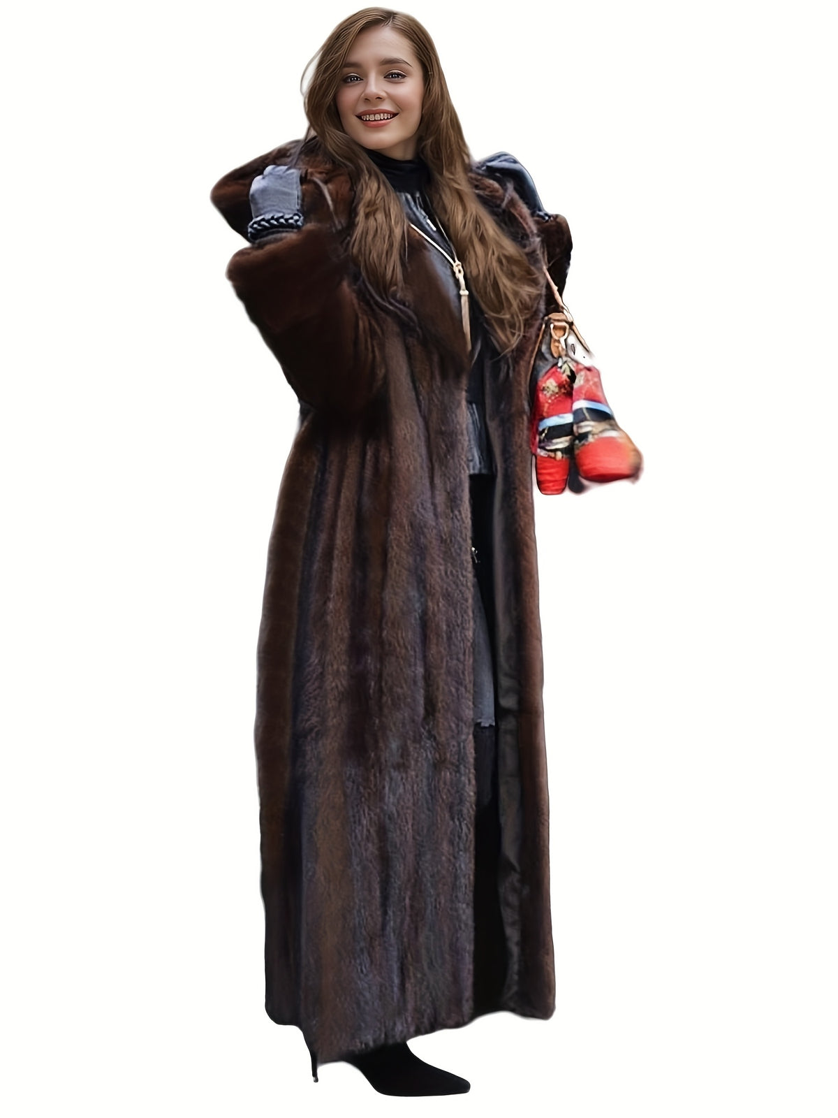 Elegant Women'S Faux Fur Coat - Fashionable & Casual Long-Sleeved Hooded Faux Mink Coat In Coffee Brown, Featuring Single Breasted Closure, Removable Belt, Regular Sleeves, Minimalist, Elegant, Stylish & Personalized, Suitabl
