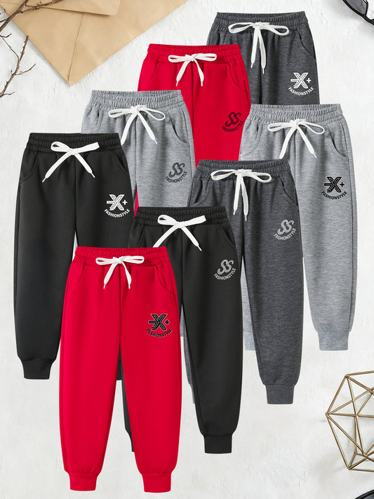 8pcs Boys' Long Pants Set with Elastic Waist & Adjustable Drawstring - Soft Breathable Athletic Pants with Pockets, Multi-Color (/Red/Grey) for Active Play & Casual Attire - Winter Warmth, Easy On/Off, Durable 'rousers for Sc
