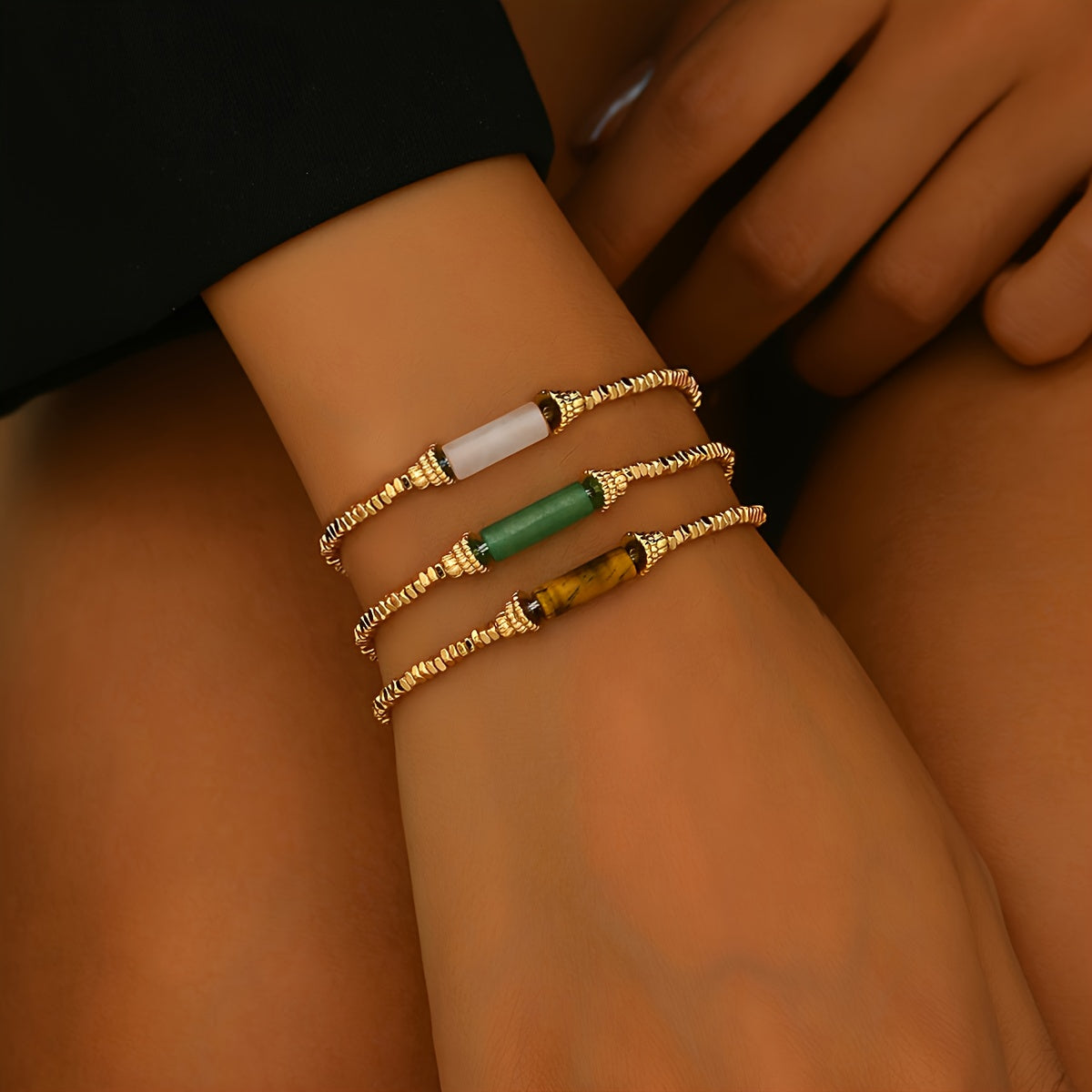 3pcs Women'S Fashion Bracelet Retro Fall/Winter Adjustable 1 Mils Golden Plating Natural Stone Handmade Beaded Bracelet Set for Everyday All-In-One Party Gifts Local Warehouse