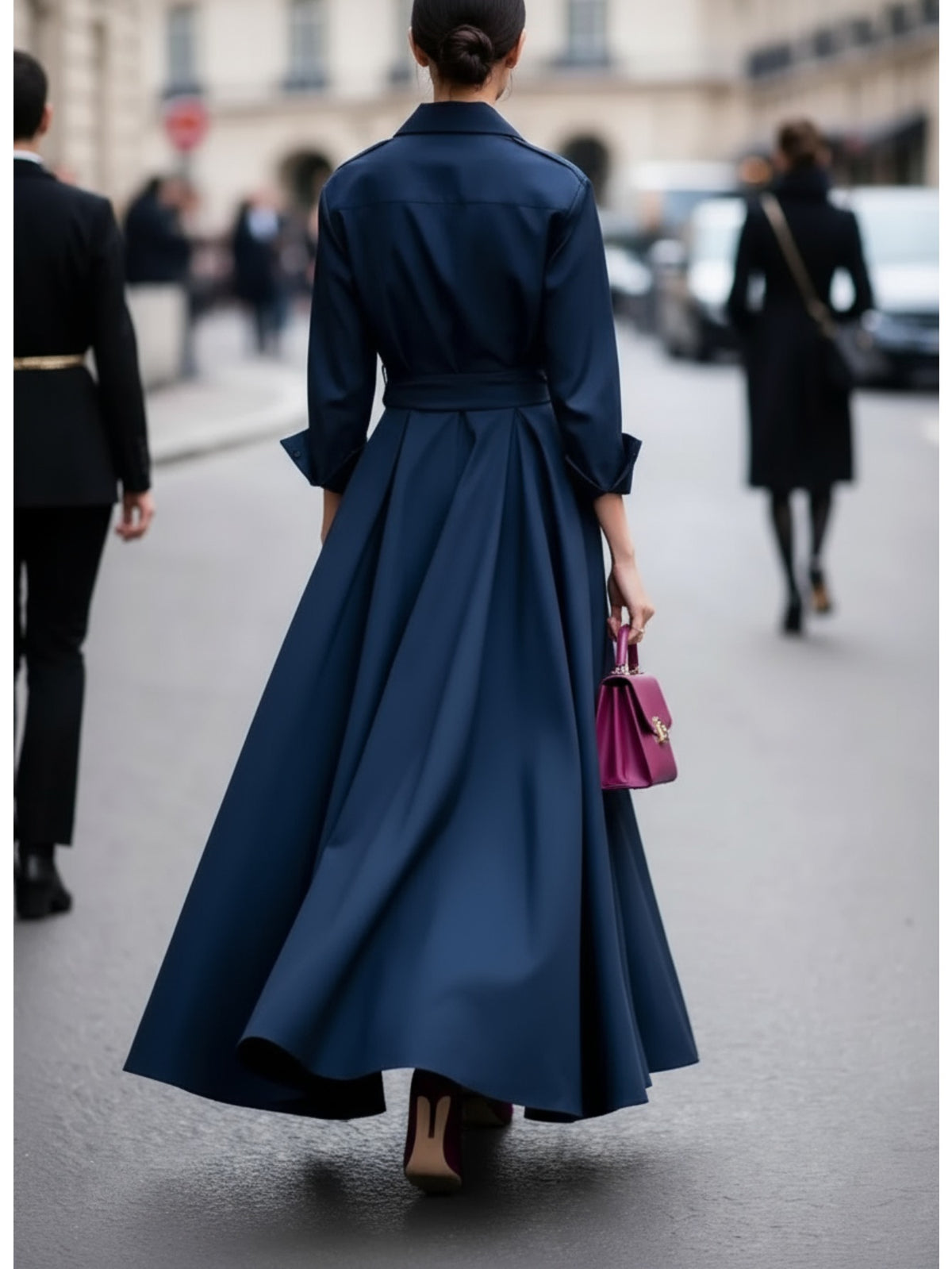 Navy Blue Collared Tie-Waist Long Dress for Women | Elegant Fall/Winter Collection, Retro Elegance Style, Suitable for Workplace, Formal Dinners, and Other Occasions