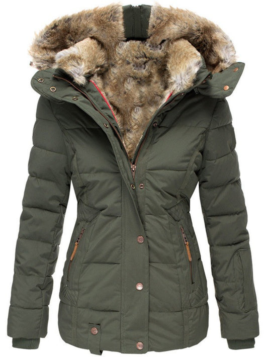 ARTPAGE Women's Winter Warm Slim-Fit Short-Length Hooded Jacket with Fur Collar - Zipper Front Long Sleeve Coat, H-Line Silhouette, Casual Outerwear for Cold Weather (Hand Washable) | Pockets & no elasticity restrictions