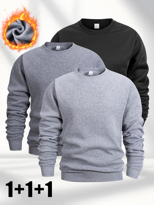 [Three Fleece Pullovers] A Set of Three Men's Solid Color Fleece Crew Neck Casual Pullovers, Featuring a Easy And Stylish Design with Slight Stretch, Suitable for Autumn And Winter. They Are Machine Washable And Can Be Worn L