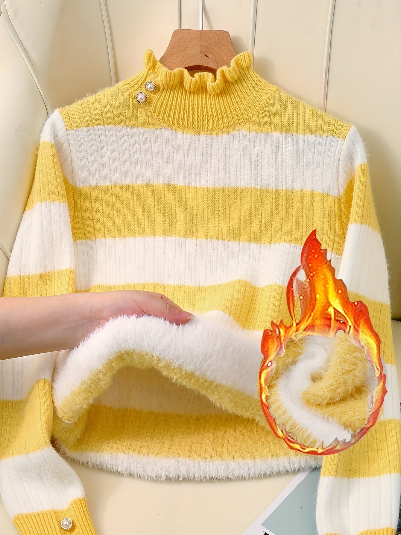 [Fleece Lined Sweater] Women's Cozy Red & White Striped Sweater with Button Detail - Warm Fleece-Lined Crew Neck, Casual Long Sleeve Pullover for Fall & Winter, Winter Clothing | Button Detail Sweater | Fleece Lined Sweater