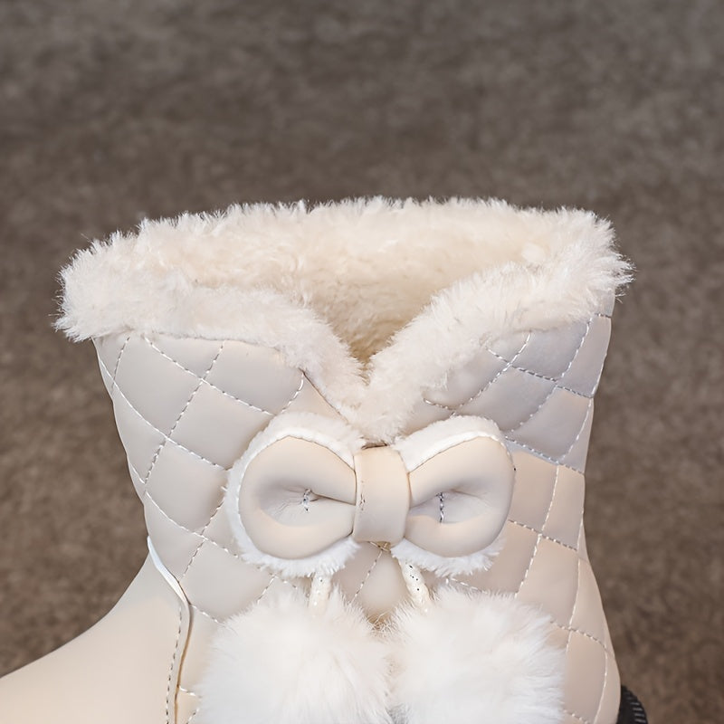 Girls' Winter Boots - Slip-On Mid-Calf Snow Boots with Plush Lining, Non-Slip Rubber Sole - Cute / Brown/ - Warm Winter Shoes for School, Playdates, Thick, Winter Boots For Girls, School Footwear, Playdate Footwear, Durable F