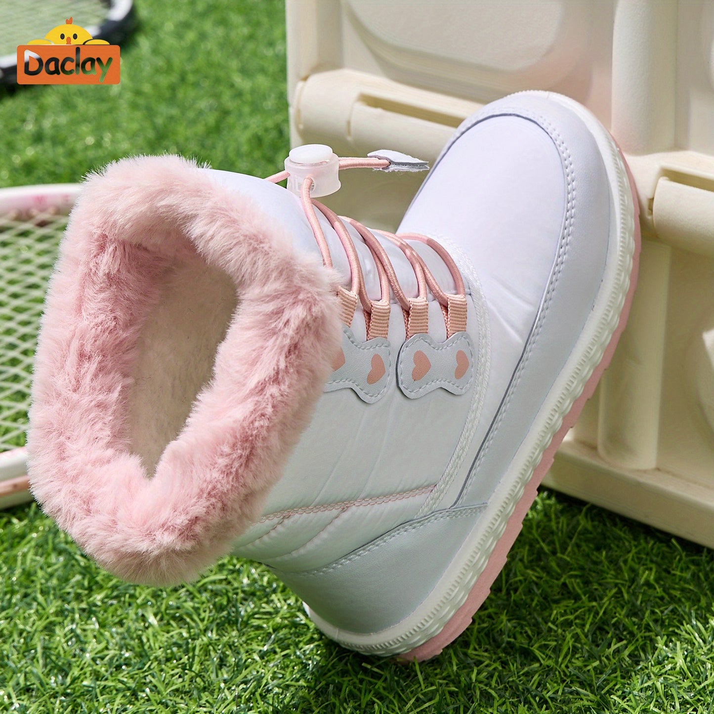 DACLAY Youngsters' Fleece-Lined Winter Boots - Slip-On Mid-Calf Snow Boots with Heart Patterns, Soft Fabric & Synthetic Synthetic, All-Season Casual Outdoor Shoes for Boys & Girls, Pink & White Design, Youngsters Winter Boots