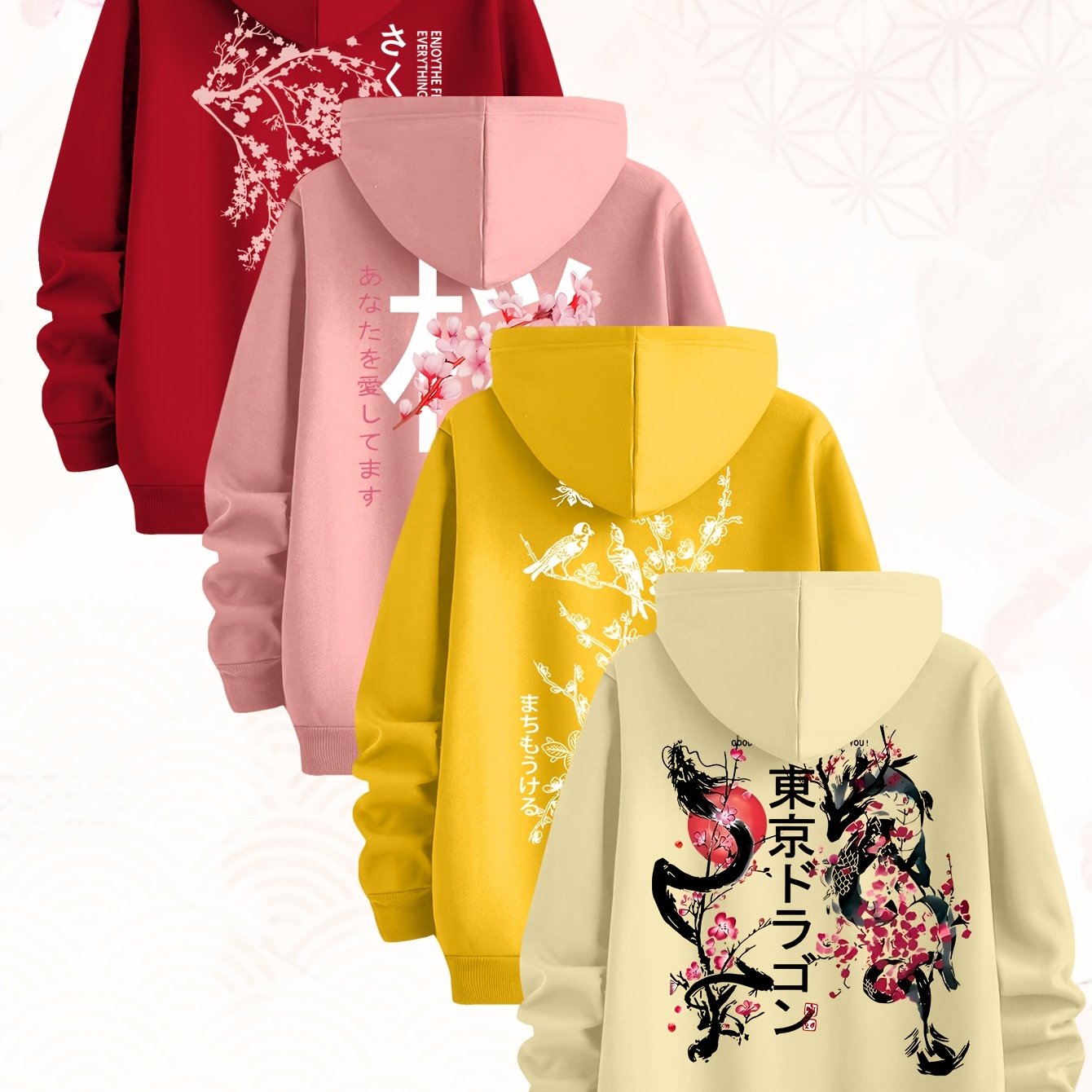 [Set of Four Hoodies] Tokyo Japanese-Style Cherry Blossom Pattern Sweatshirt, Set of Four Men's Hoodies, Made of Polyester Knit Fabric, Casual Style, Regular Fit Hoodies