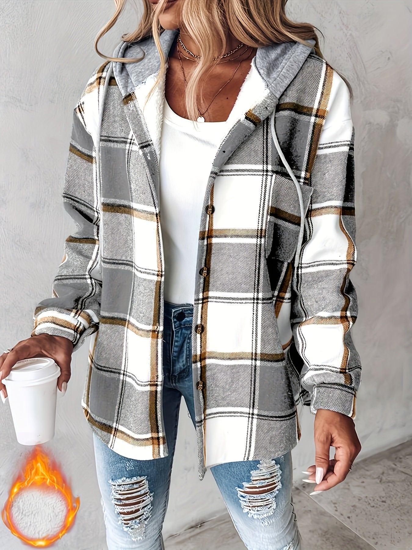 Women'S Oversized Checkered Jacket with Fleece Lining - Hooded Plaid Coat, Long Sleeve Casual Winter Spring Fall Outerwear, Brown/Black/Gray/Beige Tartan Pattern, Machine Washable Relaxed Fit Jacket for Everyday & Formal Outf