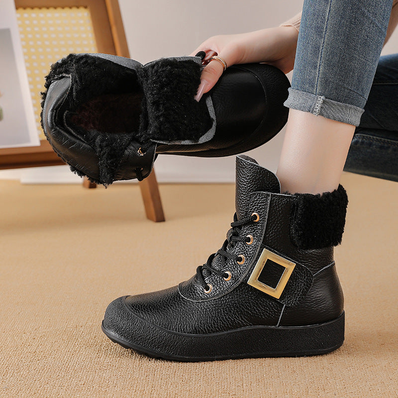 Women'S Genuine Leather Ankle Boots with Thick Mid-Heel & Zipper Closure - Round Toe Retro Winter Boots with Plush Collar, Full-Grain Upper & Rubber Sole, Hand Washable Brown Boots for Autumn Winter, Casual & Semi-Formal Outf