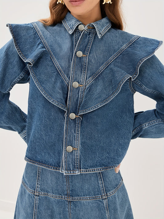 Women'S Vintage Cropped Ruffle Hem Jean Jacket - Y2K Retro Western Style with Contrast Panels, Non-Stretch Denim Coat for Fall/Winter, Casual Outerwear