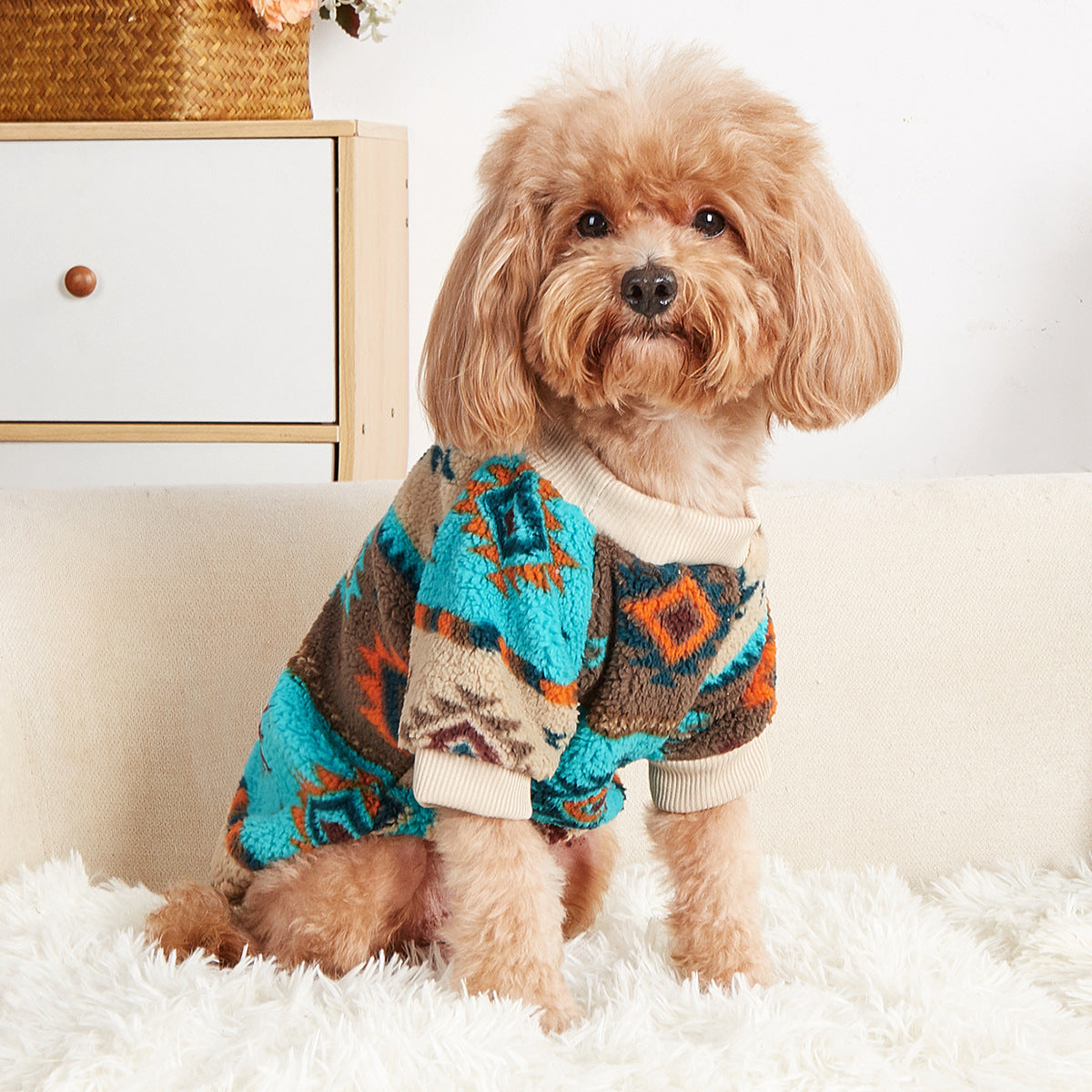 Hree Southwestern Turquoise/Orange/Brown/Black/White/Gray/Beige Plush Pet Sweater - Winter Warmth for Small, Medium, Large Dogs & Cats - Easy Overhead Pullover Hoodie with Soft Cozy Fabric, Hand Wash Only, Retro Southwestern