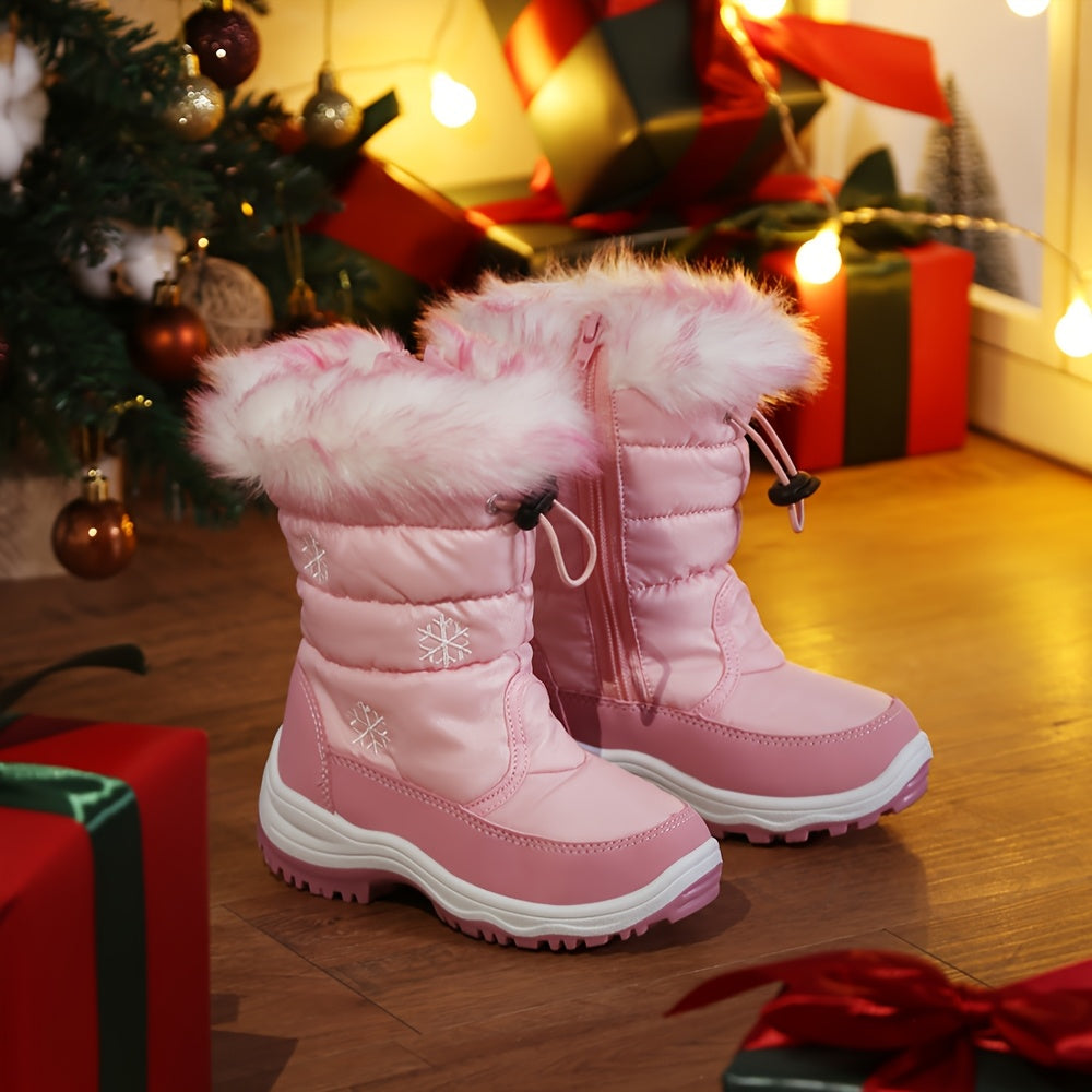 [Winter Snow Boots] Boys & Girls Winter Snow Boots - Warm High Quality Slip-Resistant Cold Weather Kids Boots with PVC Sole, Mid-Calf Zipper Closure & Floral Pattern Upper for Ice, Snow, Slush - Outdoor Winter Footwear for, P