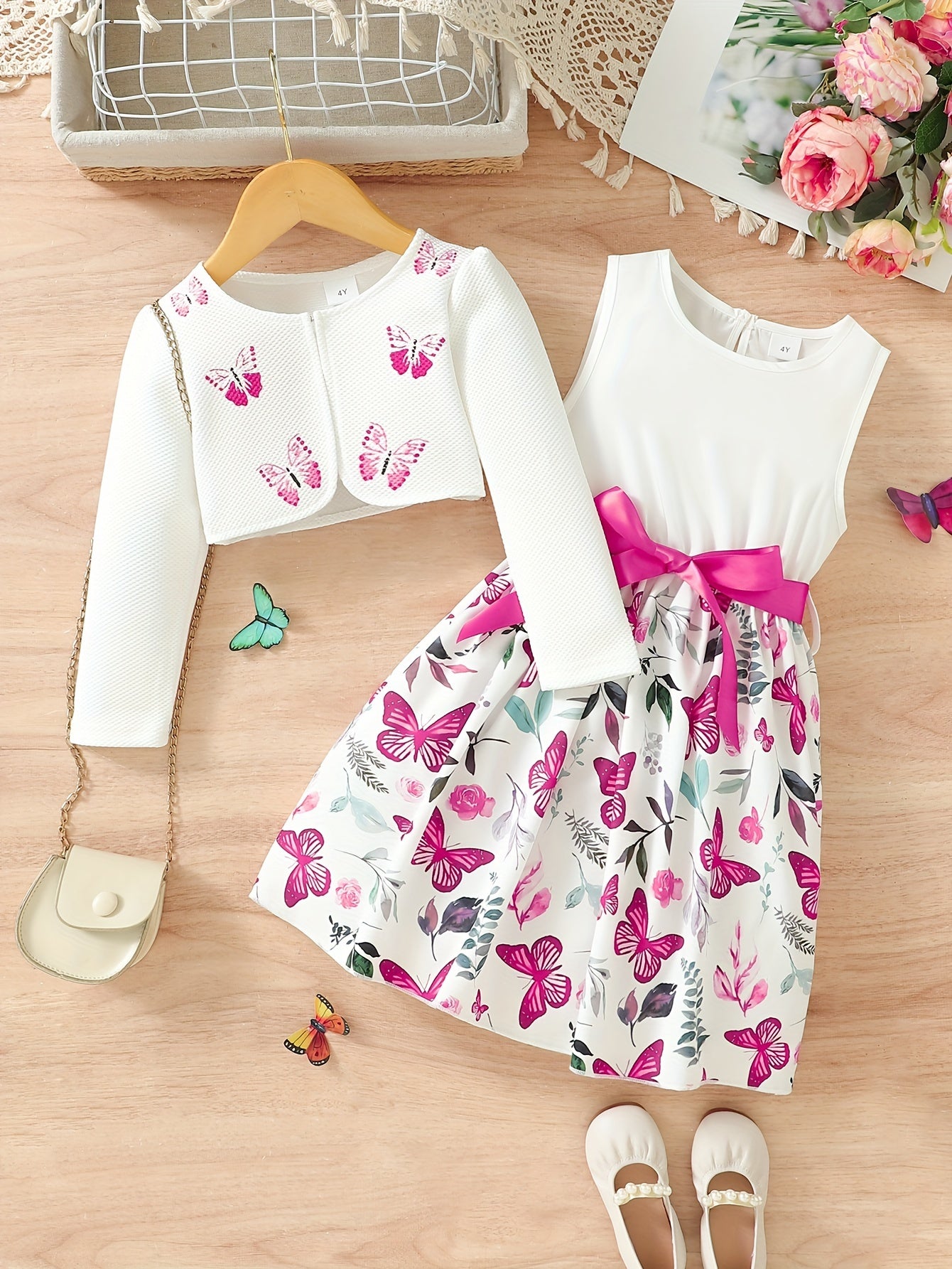[Cute | Casual] 2pcs Cute Little Girl Butterfly Dresses | Floral Tank Dress And Graphic Cardigan Top Set | for Casual Look, Kids Clothing Gift