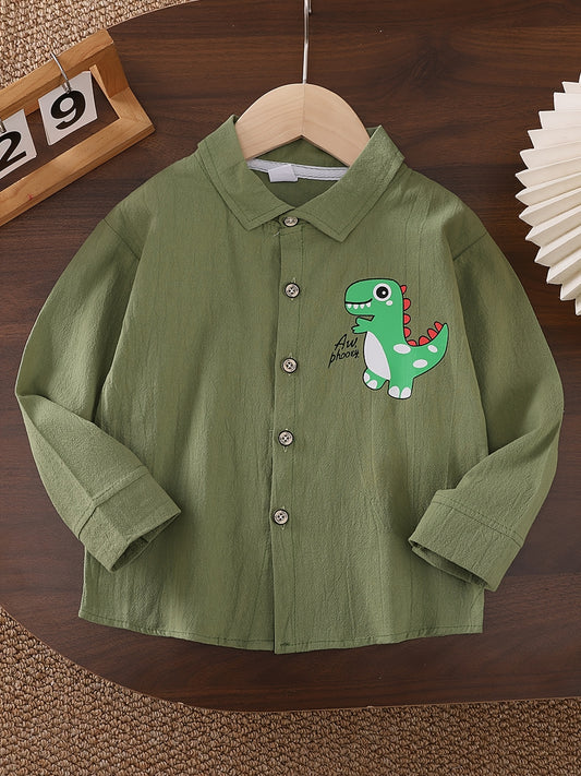 4pcs Boys' Cotton Long-Sleeve Shirts - Cute Dinosaur & Feather Prints, Soft & Breathable, Blue/Orange/Green/Yellow, Perfect for Fall/Winter School or Casual Wear